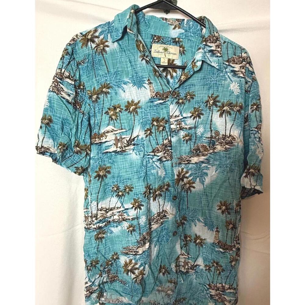 Island Shores Hawaiian‎ Shirt Men's S Blue Brown Palm Trees Grass Huts Rayon